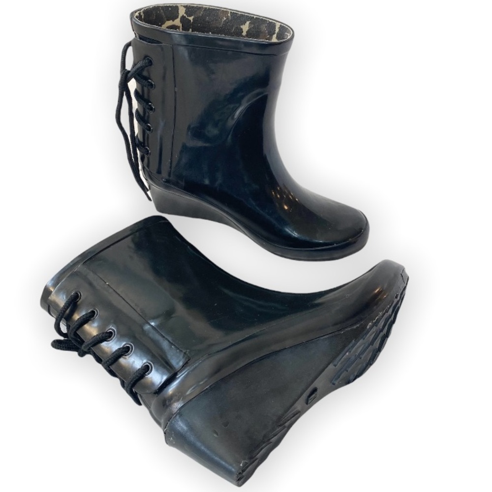 Gloss Black Wedge Heel Rain Boots